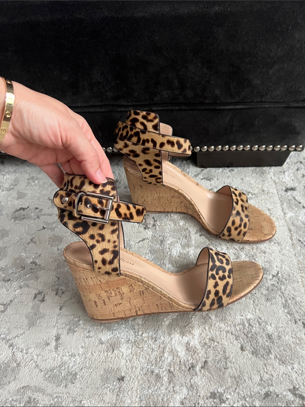 Gianvito Rossi Leopard-Print Cork Wedge Sandals - Black & Brown size 41